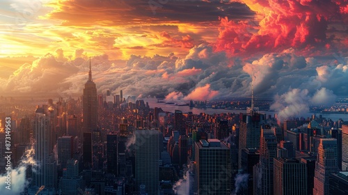 A city skyline at sunset, with the last light of day painting the skyscrapers and clouds in vibrant hues of red and gold.