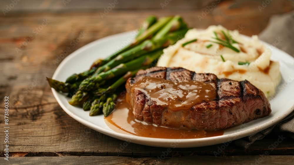 Plate of steak with mashed potatoes, gravy, and asparagus, on a worn wooden table, isolated background, studio lighting, dark background Plate of steak with mashed potatoes, gravy, and asparagus, on a worn wooden table, isolated background, studio lighting, dark background