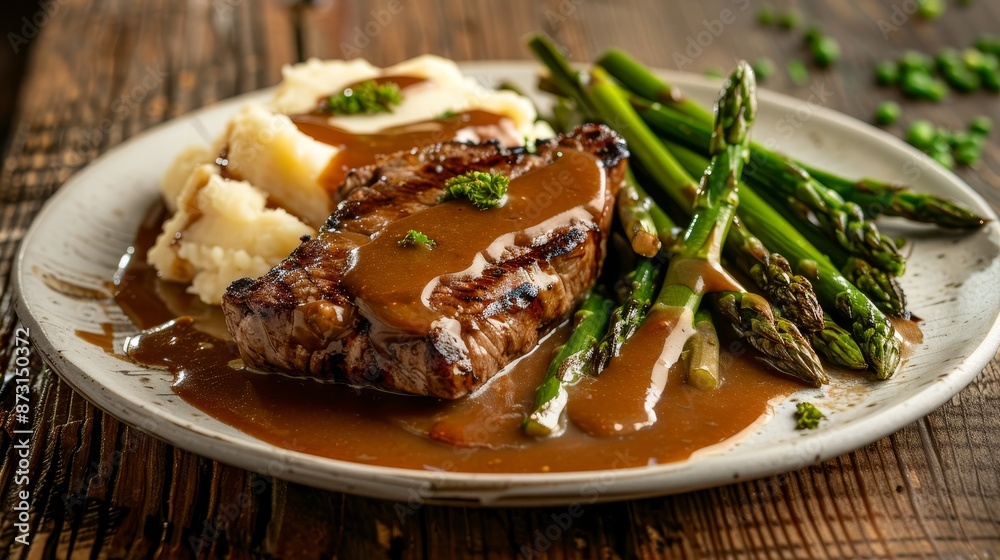 Plate of steak with mashed potatoes, gravy, and asparagus, on a worn wooden table, isolated background, studio lighting, dark background Plate of steak with mashed potatoes, gravy, and asparagus, on a worn wooden table, isolated background, studio lighting, dark background