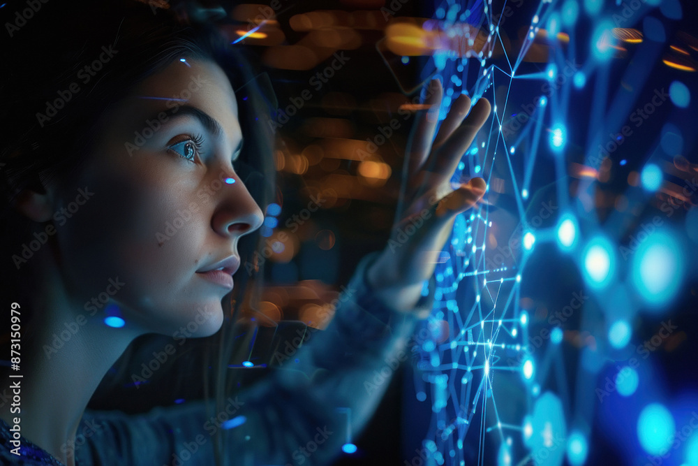 young woman face with digital screen