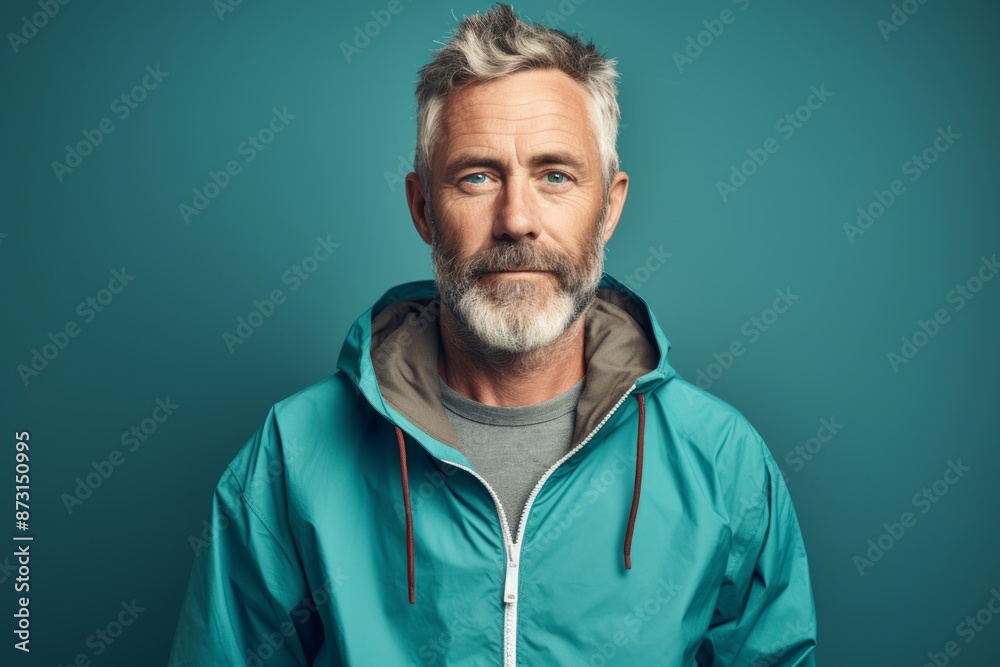 Portrait of a content man in his 50s wearing a lightweight packable anorak over soft teal background Portrait of a content man in his 50s wearing a lightweight packable anorak over soft teal background