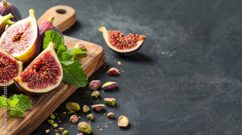 Sliced figs on a wooden cutting board, sprinkled with chopped pistachios, isolated against a dark background, studio lighting, detailed textures Sliced figs on a wooden cutting board, sprinkled with chopped pistachios, isolated against a dark background, studio lighting, detailed textures