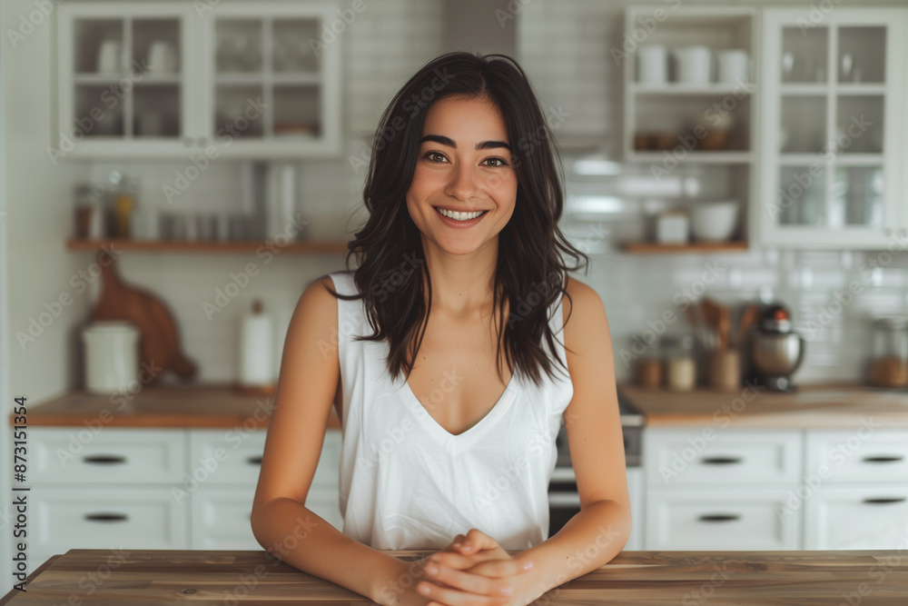 A beautiful woman stands in the kitchen, smiling and standing at an empty table.