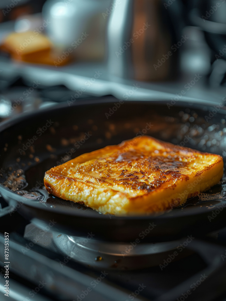 Golden brown toast frying in a pan on a stove. Golden brown toast frying in a pan on a stove.
