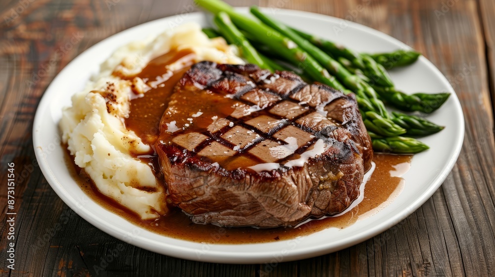 Steak plate with creamy mashed potatoes, gravy, and asparagus, rustic wooden table, isolated background, studio lighting, dark setting Steak plate with creamy mashed potatoes, gravy, and asparagus, rustic wooden table, isolated background, studio lighting, dark setting