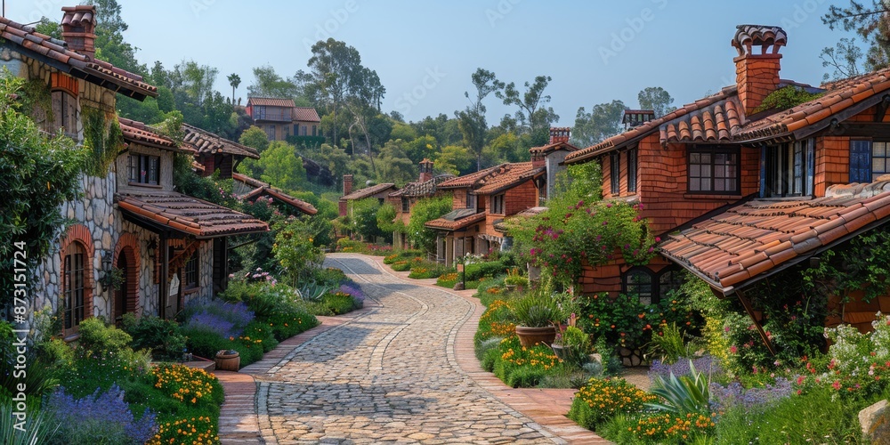 Obraz premium Captivating Hillside Village - Charming Cobblestone Streets Amid Vibrant Foliage