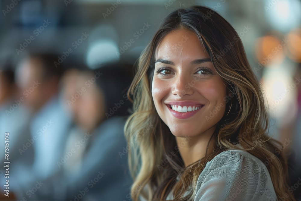 Happy Latin project manager woman holding brainstorming with colleagues in the office boardroom. Happy Latin project manager woman holding brainstorming with colleagues in the office boardroom.
