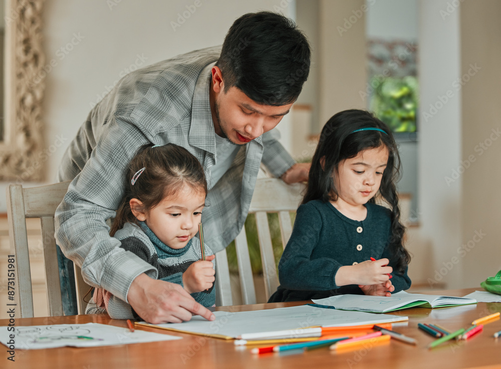 Sisters, dad and helping children with homework for learning, development and studying together in home. Girl siblings, papa and kids with stationery for teaching art, creative growth and education