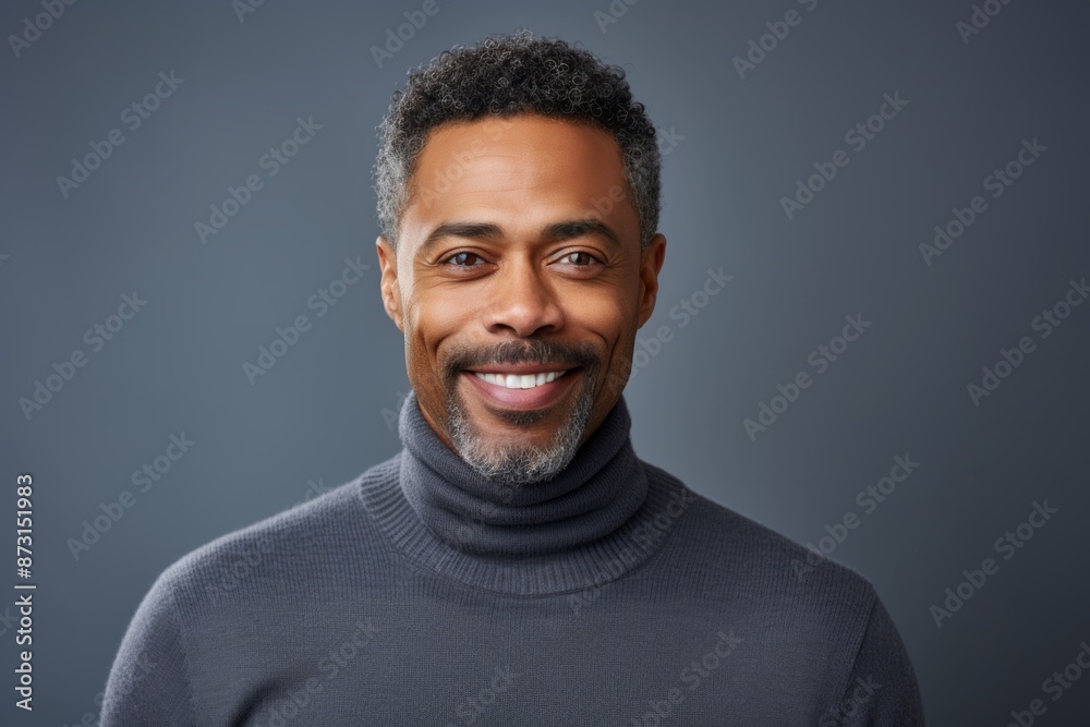 Obraz premium Portrait of a content afro-american man in his 40s wearing a classic turtleneck sweater while standing against soft gray background