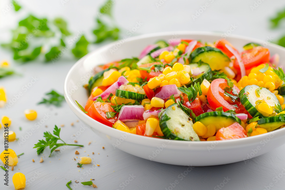 A bowl of salad with tomatoes, cucumbers, and corn A bowl of salad with tomatoes, cucumbers, and corn