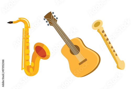 Set of musical instruments. Guitar, saxophone, flute. Vector objects.