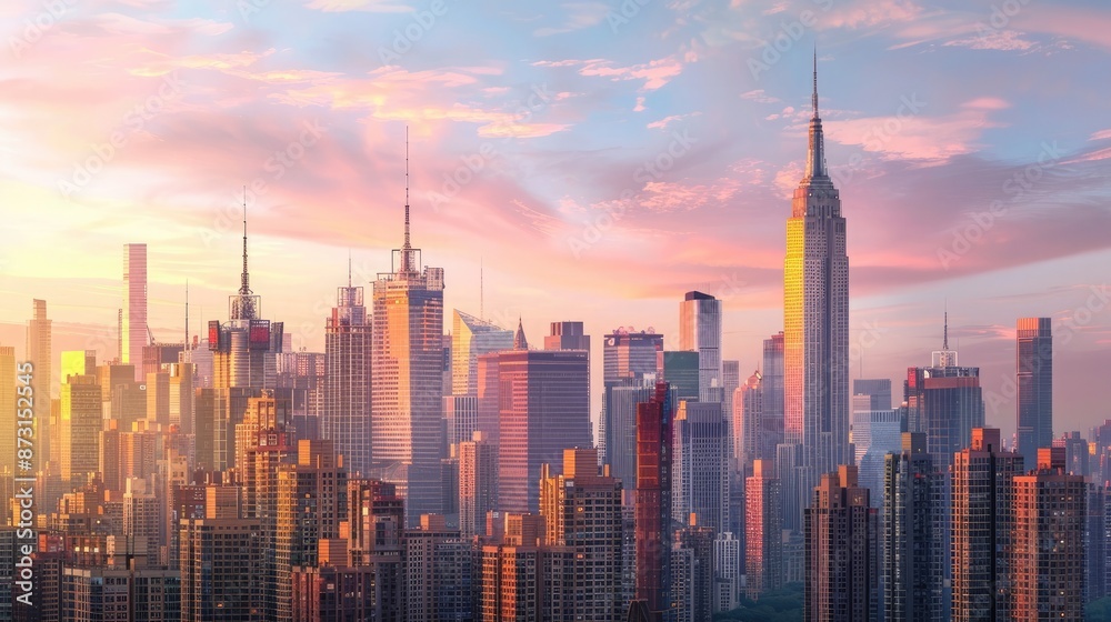 Fototapeta premium A city skyline at sunset, with the last rays of sunlight painting the skyscrapers in warm shades of pink and gold.