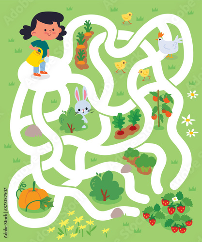 Vector colorful maze, labyrinth for children with cartoon garden. Kids maze with way passing through the farm with vegetables. Puzzle game. The girl is watering the strawberry beds.