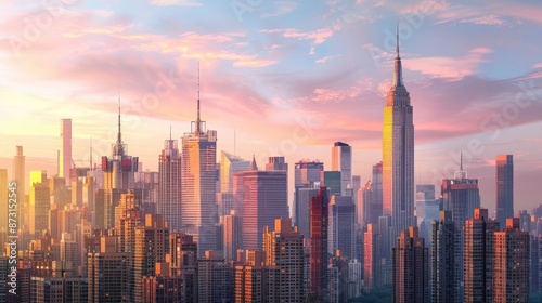 A city skyline at sunset, with the last rays of sunlight painting the skyscrapers in warm shades of pink and gold.