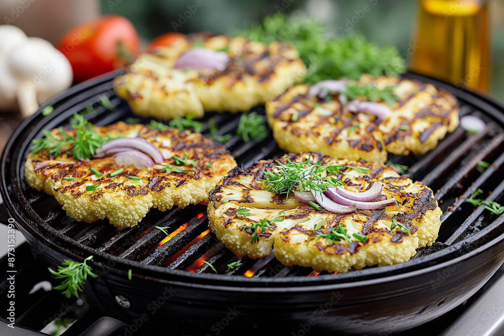 A plate of grilled cauliflower with parsley and onions A plate of grilled cauliflower with parsley and onions