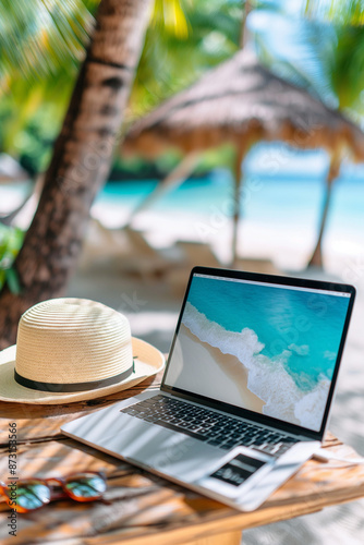 A laptop is open on a table next to a straw hat and sunglasses