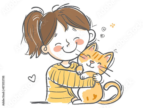 A girl is with her favorite cat. Children's drawing with cartoon style. White background.