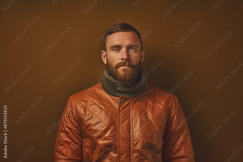 Obraz premium Portrait of a glad man in his 30s sporting a quilted insulated jacket on soft brown background