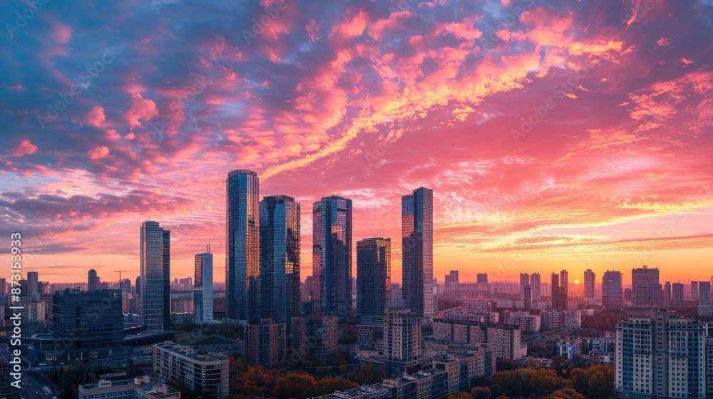 Fototapeta premium A city skyline at sunset, with the sky ablaze in shades of pink and orange behind tall city buildings.