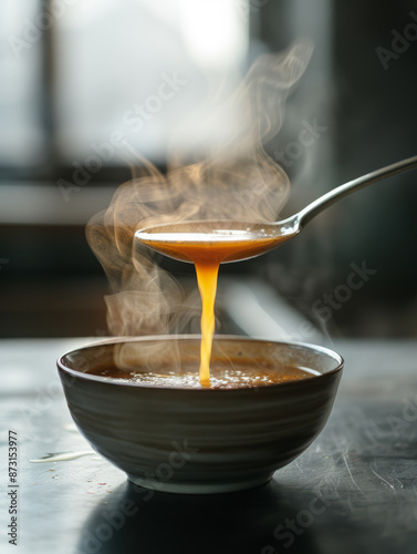 A ladle pouring steaming hot soup into a bowl.