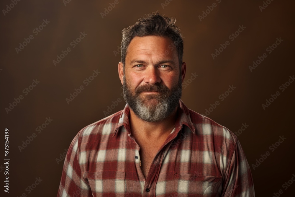Portrait of a glad man in his 40s wearing a comfy flannel shirt in soft brown background Portrait of a glad man in his 40s wearing a comfy flannel shirt in soft brown background