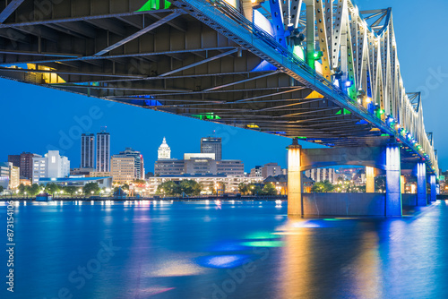 Peoria, Illinois, USA cityscape on Lake Peoria under the Murray Baker Bridgeat blue hour.