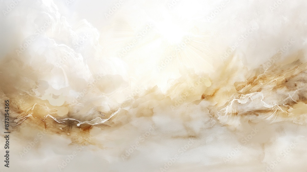 Abstract light filled background with ethereal clouds and golden hues. Dreamy landscapes, heavenly scenes, abstract art, peaceful atmosphere, spiritual concept.