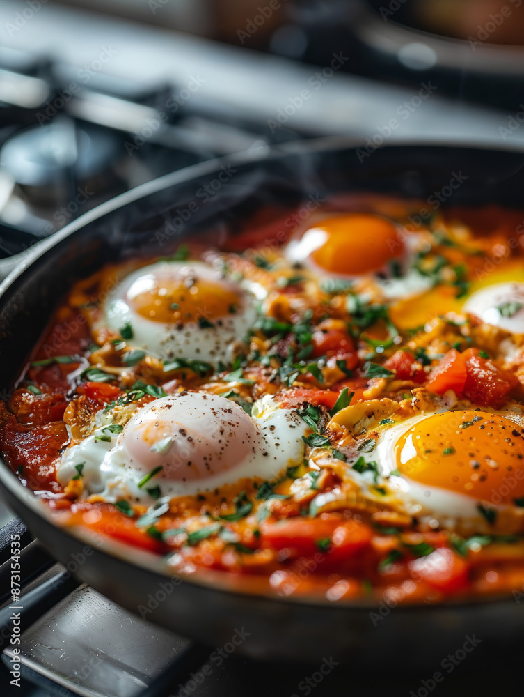 Shakshuka with poached eggs in a skillet on a stovetop. Shakshuka with poached eggs in a skillet on a stovetop.