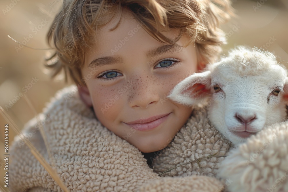 A cheerful young boy with freckles enjoys bonding with an adorable lamb, wrapped in a cozy blanket, in a natural outdoor environment filled with warmth and tenderness. A cheerful young boy with freckles enjoys bonding with an adorable lamb, wrapped in a cozy blanket, in a natural outdoor environment filled with warmth and tenderness.