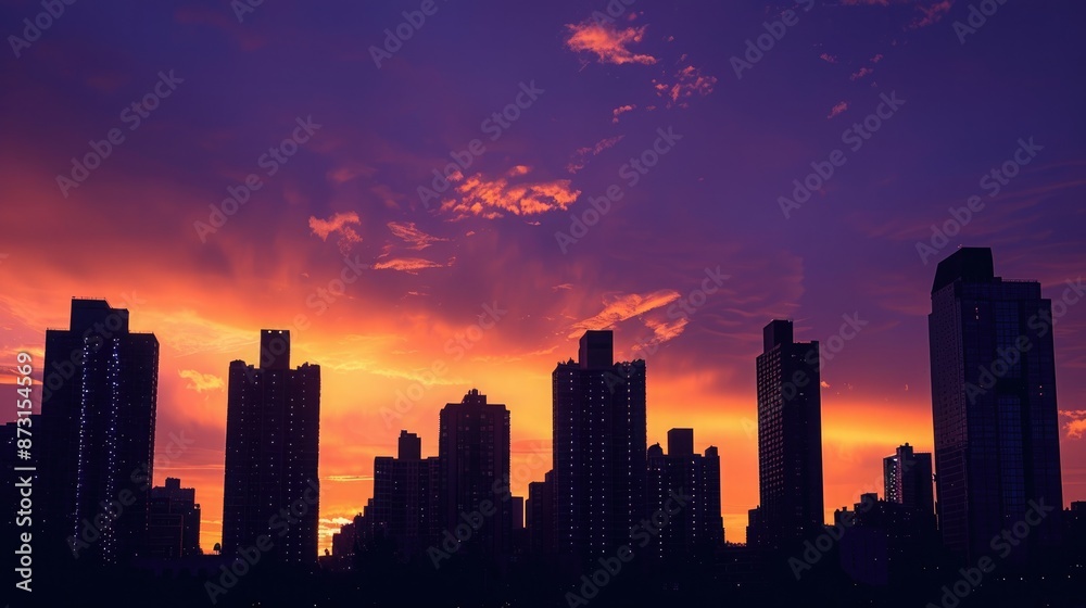 A city skyline at sunset, with the sky filled with hues of orange and purple behind the silhouettes of tall buildings. A city skyline at sunset, with the sky filled with hues of orange and purple behind the silhouettes of tall buildings.