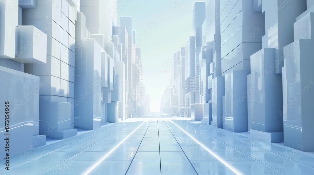 Naklejka premium A digital road going straight forward in a city, made of white glass squares, surrounded by skyscrapers made of white glass and blue squares, the sky in the distance is blue, 4K, rich details, Octane 