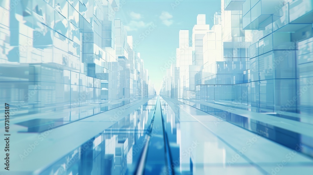 A digital road going straight forward in a city, made of white glass squares, surrounded by skyscrapers made of white glass and blue squares, the sky in the distance is blue, 4K, rich details, Octane A digital road going straight forward in a city, made of white glass squares, surrounded by skyscrapers made of white glass and blue squares, the sky in the distance is blue, 4K, rich details, Octane