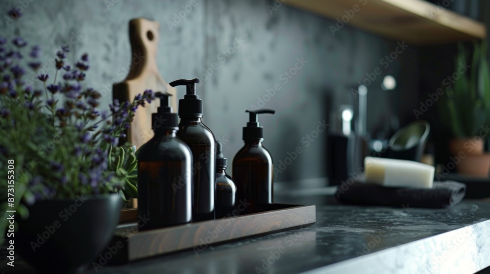 Elegant Bathroom with Dark Bottles and Greenery Elegant Bathroom with Dark Bottles and Greenery