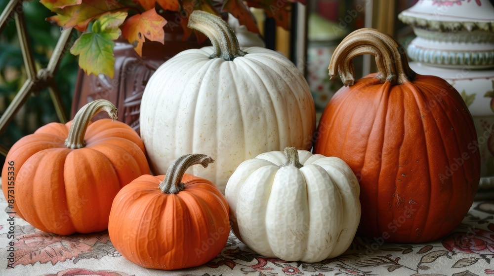 Orange and white pumpkins displayed on the table Orange and white pumpkins displayed on the table