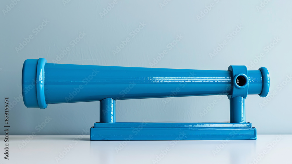 Blue telescope on white surface against light blue background Blue telescope on white surface against light blue background