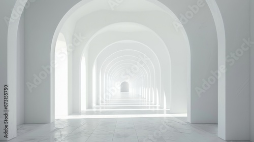 an infinite white archway corridor with a minimalist aesthetic, smooth walls, and a soft diffused light creating a tranquil and serene atmosphere 