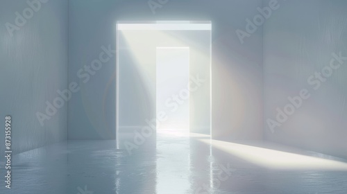 Front image of futuristic door opens and light floods out from the back, white background, soft gradients 