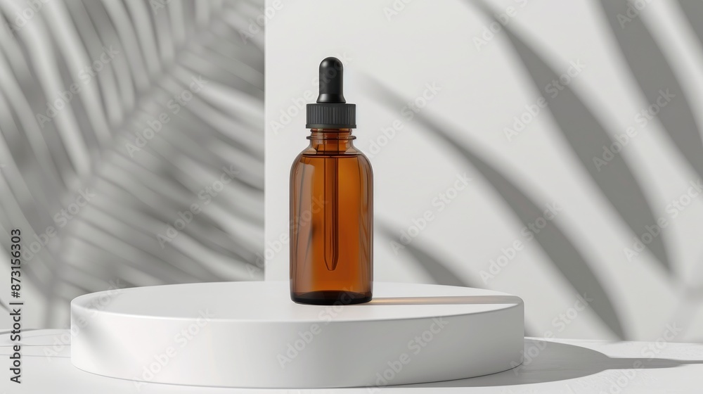 Serum bottle on stand with simple white backdrop Serum bottle on stand with simple white backdrop
