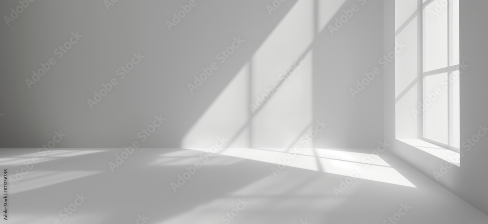 Sunlight casts soft shadows through a window on a minimalist white interior wall, creating a serene and tranquil atmosphere