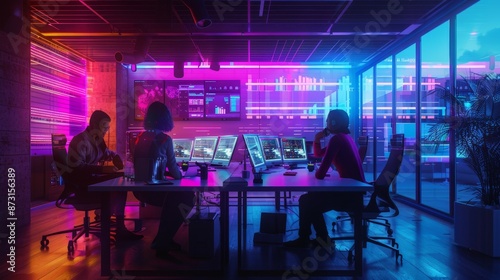 Team of professionals working in a high-tech control room with multiple screens and neon lighting