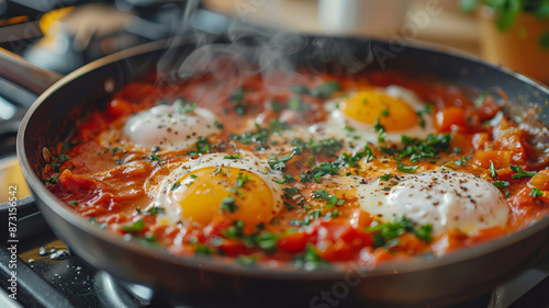 Shakshuka with poached eggs in a pan on the stove, garnished with herbs.