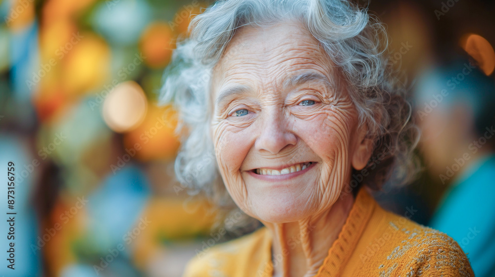 A close-up portrait of an elderly woman with silver hair, wearing a yellow sweater, smiles brightly against a background of warm, blurred colors A close-up portrait of an elderly woman with silver hair, wearing a yellow sweater, smiles brightly against a background of warm, blurred colors