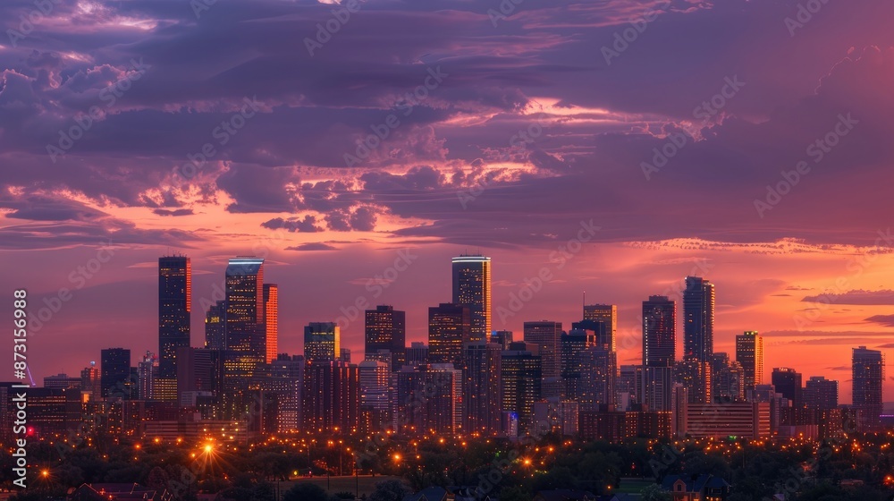 Fototapeta premium A city skyline at twilight, with the lights of buildings starting to glow against the darkening sky.