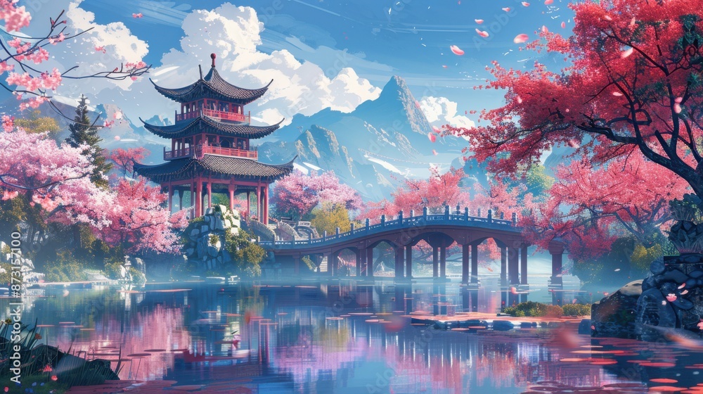 Obraz premium Colorful Minimalist Illustration of Serene Chinese Garden