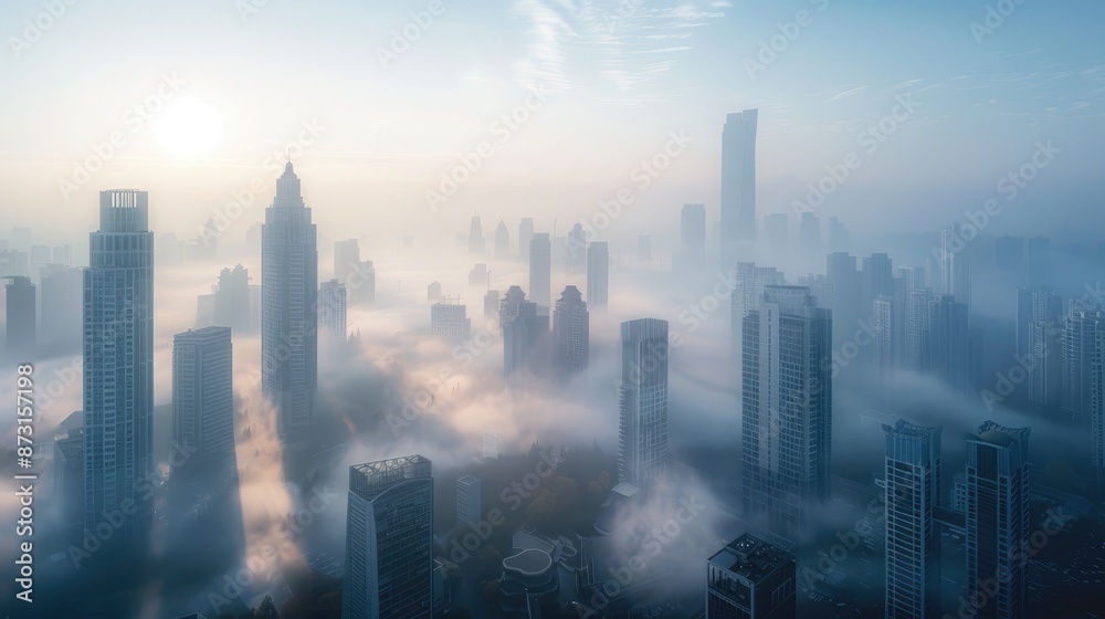 A city skyline during a foggy morning, with mist enveloping the skyscrapers and creating a mysterious urban atmosphere. A city skyline during a foggy morning, with mist enveloping the skyscrapers and creating a mysterious urban atmosphere.
