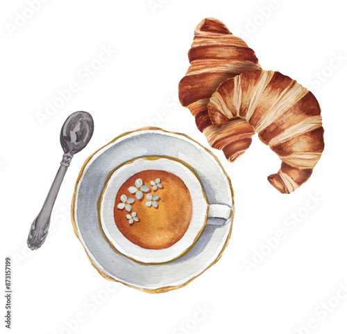 Watercolor breakfast tea time. White ceramic cup of  tea with flowers, croissants, spoon.