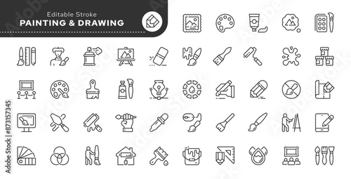 Painting and drawing line icon set. Artist, paints and brush, art tools, palette, pencil and picture. Outline vector icon in linear style. Conceptual pictogram collection.