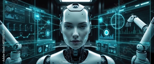 A cyborg woman stands surrounded by holographic displays filled with data, her eyes looking directly at the viewer