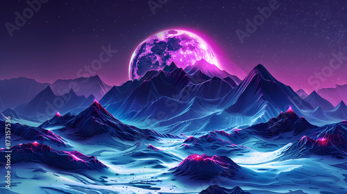 Beautiful glowing mountains and moon design. Wallpaper. © Khalif