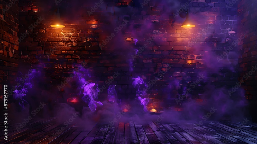 Obraz premium Dark basement, aged brick walls, purple and orange sparks of fire, light reflections on the wooden floor, light smoke, neon yellow lamps, simple night design, ultra hd high quality image